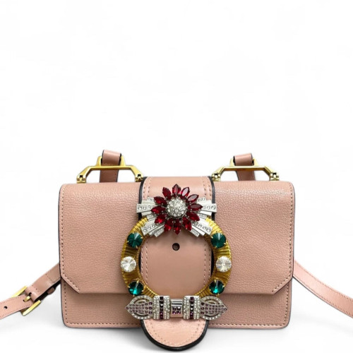Miu Miu Crystal Embellished Madras Shoulder Calfskin Light Tan