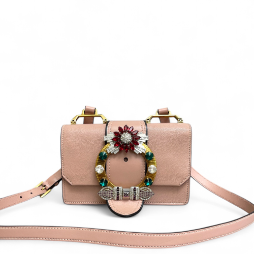 Miu Miu Crystal Embellished Madras Shoulder Calfskin Light Tan