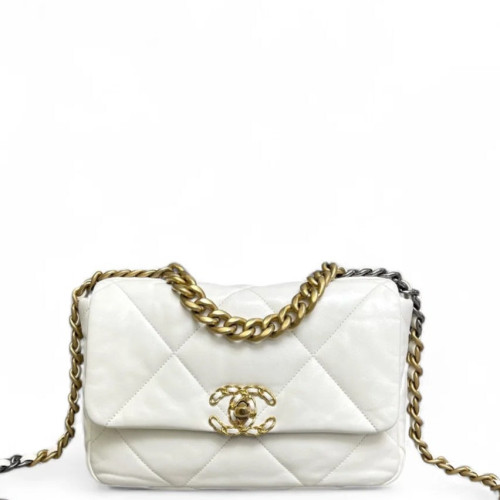 Chanel Quilted Small 19 Flag Lambskin White