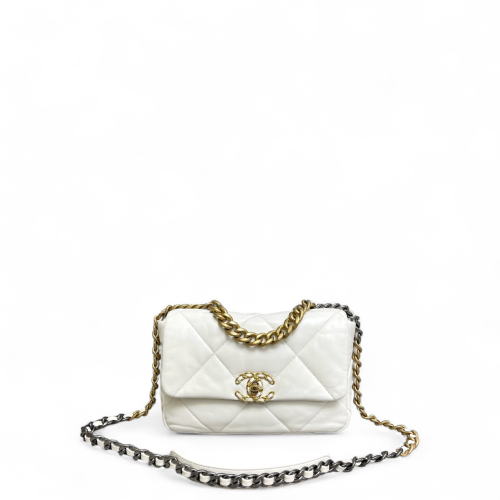Chanel Quilted Small 19 Flag Lambskin White