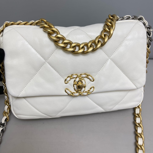Chanel Quilted Small 19 Flag Lambskin White