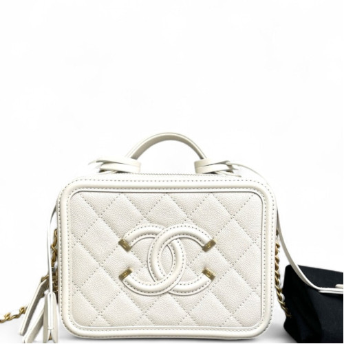 Chanel Quilted Small CC Filigree Vanity Case Caviar White