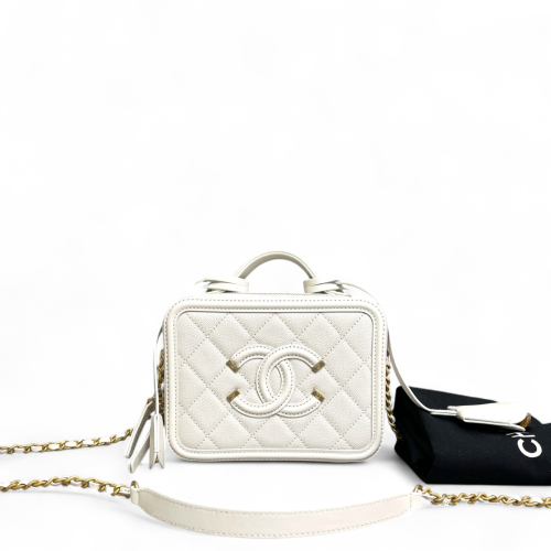 Chanel Quilted Small CC Filigree Vanity Case Caviar White