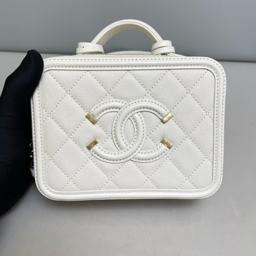 Chanel Quilted Small CC Filigree Vanity Case Caviar White