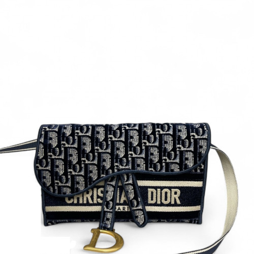Dior Slim Saddle Pouch Velvet Oblique Blue White