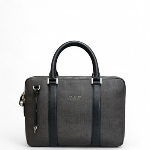 Bvlgari Briefcase Calfskin Coated Canvas Grey Black