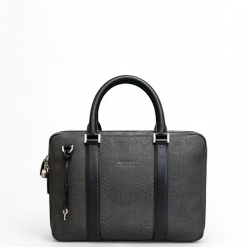 Bvlgari Briefcase Calfskin Coated Canvas Grey Black