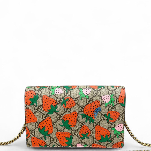 Gucci Strawberry Wallet On Chain WOC GG Supreme Monogram Brown Orange Green