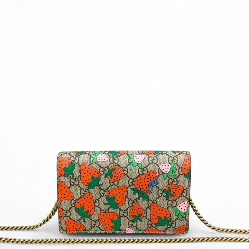 Gucci Strawberry Wallet On Chain WOC GG Supreme Monogram Brown Orange Green