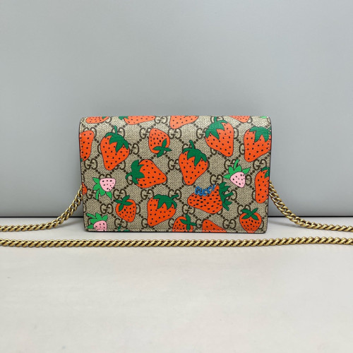 Gucci Strawberry Wallet On Chain WOC GG Supreme Monogram Brown Orange Green