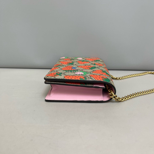 Gucci Strawberry Wallet On Chain WOC GG Supreme Monogram Brown Orange Green