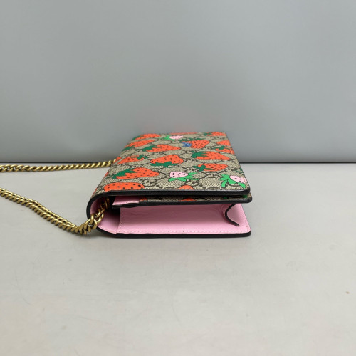 Gucci Strawberry Wallet On Chain WOC GG Supreme Monogram Brown Orange Green