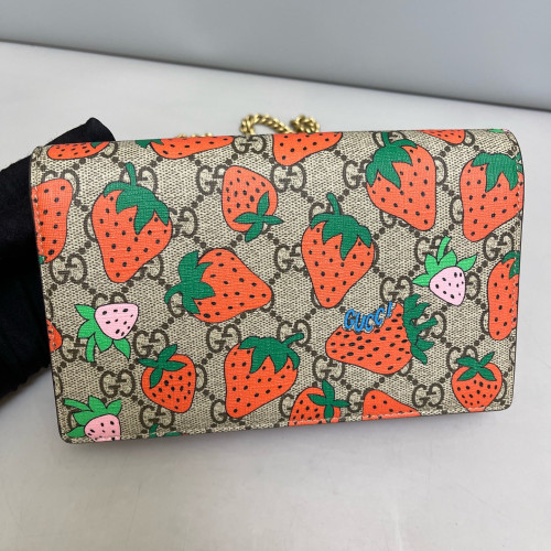 Gucci Strawberry Wallet On Chain WOC GG Supreme Monogram Brown Orange Green
