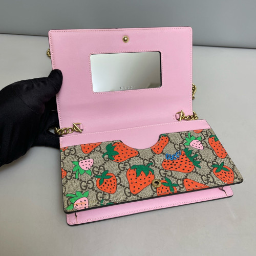 Gucci Strawberry Wallet On Chain WOC GG Supreme Monogram Brown Orange Green