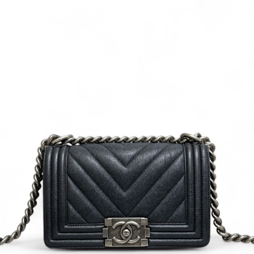 Chanel Chevron Quilted Mini Boy Flap Iridescent Grained Calfskin Grey