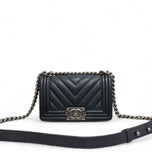 Chanel Chevron Quilted Mini Boy Flap Iridescent Grained Calfskin Grey