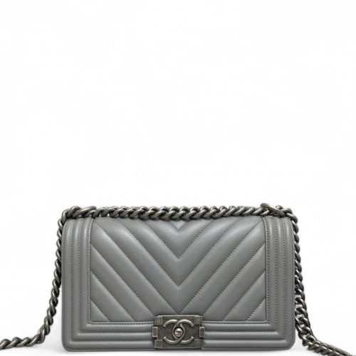 Chanel Chevron Quilted Medium Boy Flap Calfskin Grey
