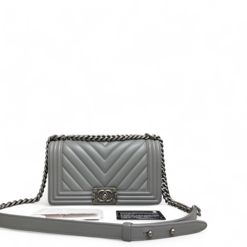 Chanel Chevron Quilted Medium Boy Flap Calfskin Grey