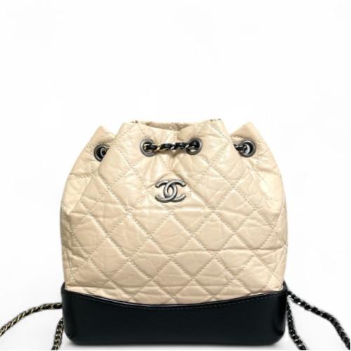 Chanel Quilted Small Gabrielle Backpack Crumpled Calfskin Natural Tan Black