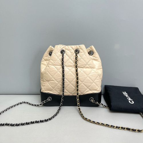 Chanel Quilted Small Gabrielle Backpack Crumpled Calfskin Natural Tan Black