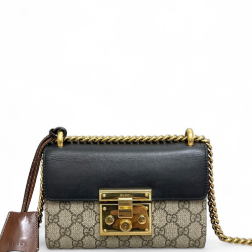 Gucci Small Padlock Shoulder Bag GG Supreme Monogram Black Beige Brown