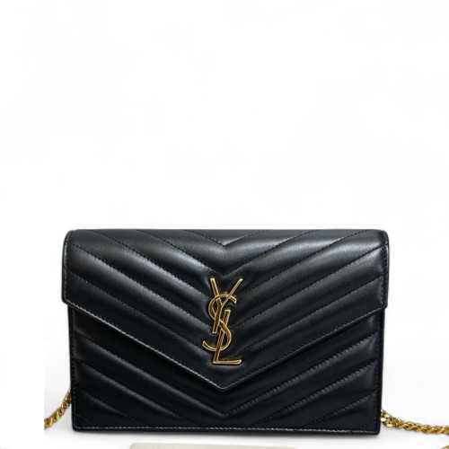 Yves Saint Laurent Small Envelope Chain Wallet Calfskin Black