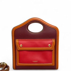 Burberry Mini Two Tone Pocket Bag Calfskin Red Burgundy Brown Burberry Mini Two Tone Pocket Bag Calfskin Red Burgundy Brown