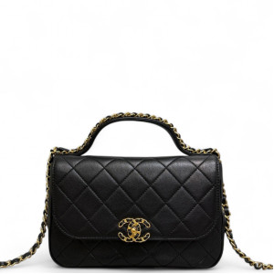 Chanel Quilted Chain Infinity Top Handle Top Handle Flap Calfskin Black