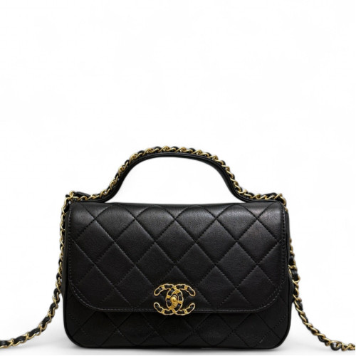 Chanel Quilted Chain Infinity Top Handle Top Handle Flap Calfskin Black