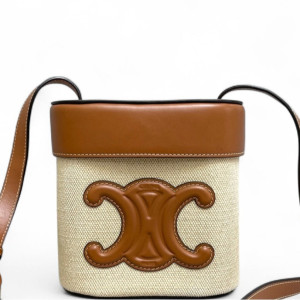Celine Triomphe Medium Triomphe Box Canvas Calfskin Beige Tan