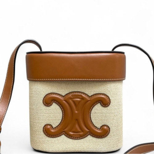 Celine Triomphe Medium Triomphe Box Canvas Calfskin Beige Tan