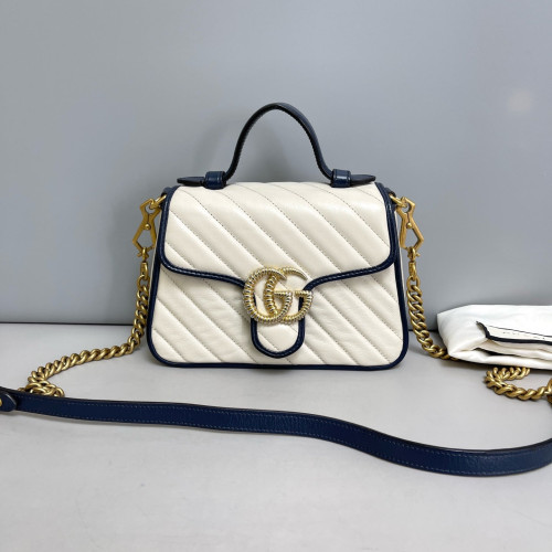 Gucci Matelasse Mini GG Marmont Top Handle Shoulder Bag Calfskin White Blue