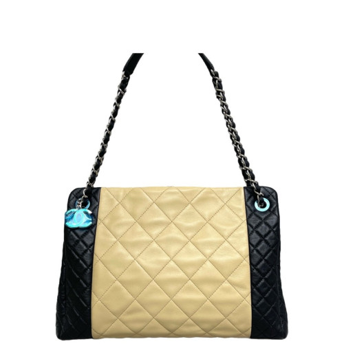 Chanel Quilted Shopping Tote Lambskin Beige Black