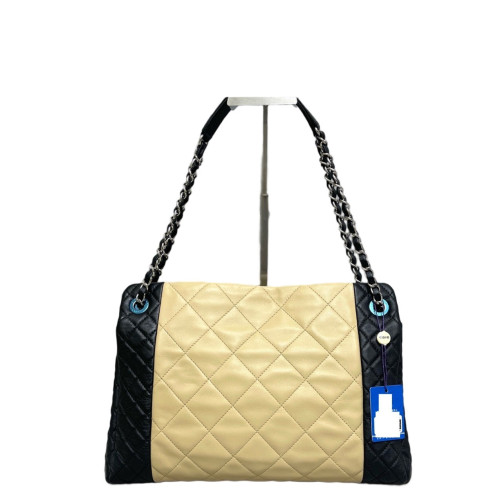 Chanel Quilted Shopping Tote Lambskin Beige Black