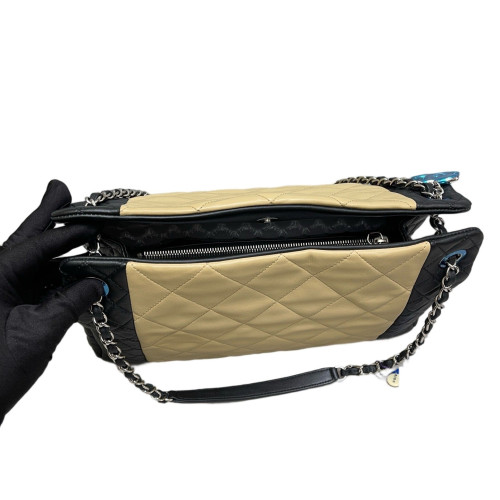 Chanel Quilted Shopping Tote Lambskin Beige Black