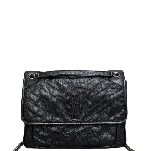 Yves Saint Laurent Large Niki Messenger Pull Up Leather Black