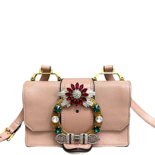 Miu Miu Crystal Embellished Madras Shoulder Calfskin Light Tan