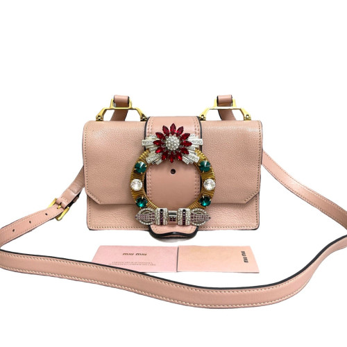 Miu Miu Crystal Embellished Madras Shoulder Calfskin Light Tan