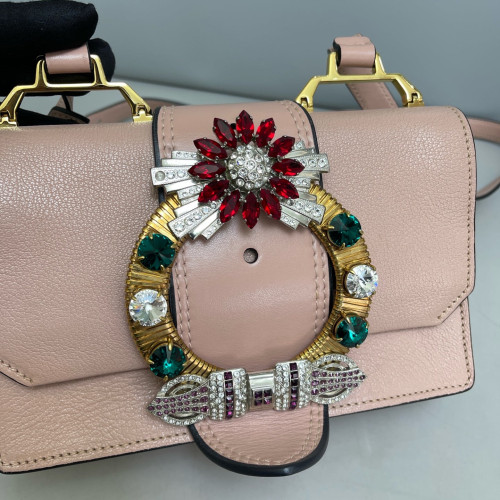 Miu Miu Crystal Embellished Madras Shoulder Calfskin Light Tan