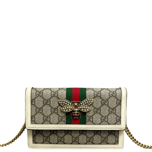 Gucci Web Queen Margaret Flap Wallet GG Supreme Monogram Calfskin Beige Light Brown Dark Brown