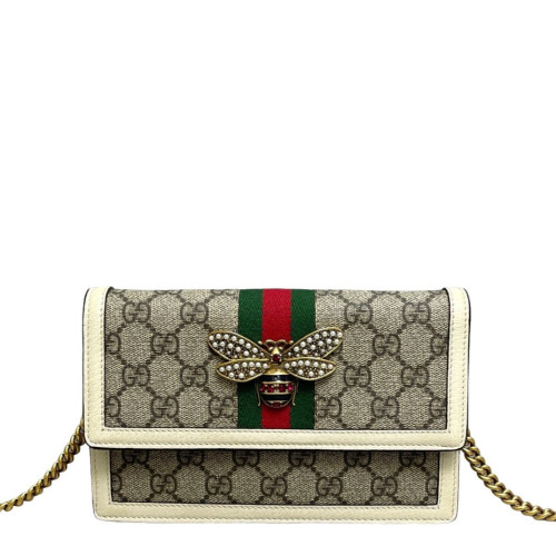 Gucci Web Queen Margaret Flap Wallet GG Supreme Monogram Calfskin Beige Light Brown Dark Brown
