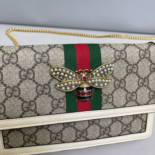 Gucci Web Queen Margaret Flap Wallet GG Supreme Monogram Calfskin Beige Light Brown Dark Brown