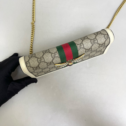 Gucci Web Queen Margaret Flap Wallet GG Supreme Monogram Calfskin Beige Light Brown Dark Brown