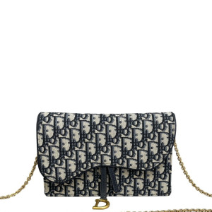 Dior Medium Saddle Chain Pouch Oblique Beige Navy Black