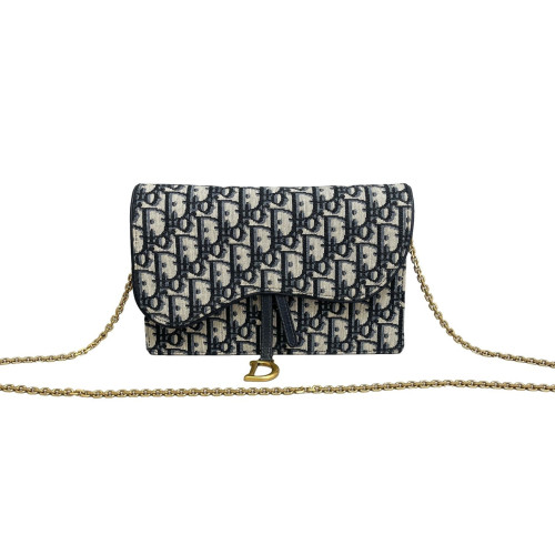 Dior Medium Saddle Chain Pouch Oblique Beige Navy Black