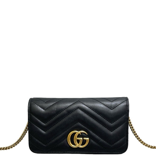 Gucci Matelasse Mini GG Marmont Wallet On Chain Full Flap Calfskin Black