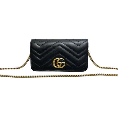 Gucci Matelasse Mini GG Marmont Wallet On Chain Full Flap Calfskin Black