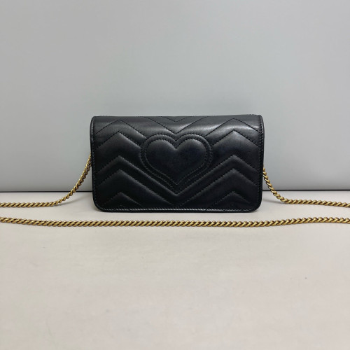 Gucci Matelasse Mini GG Marmont Wallet On Chain Full Flap Calfskin Black
