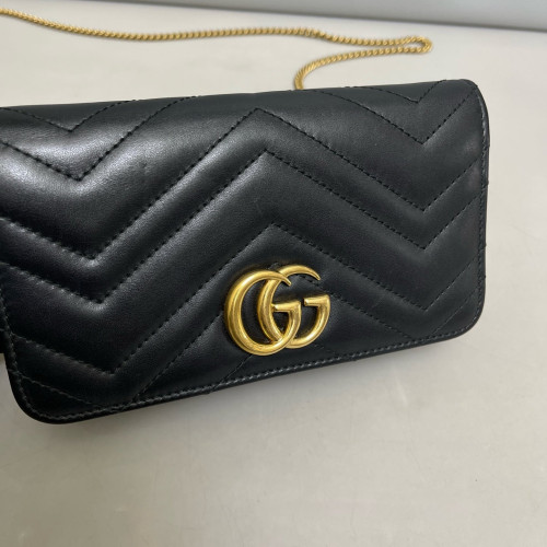 Gucci Matelasse Mini GG Marmont Wallet On Chain Full Flap Calfskin Black