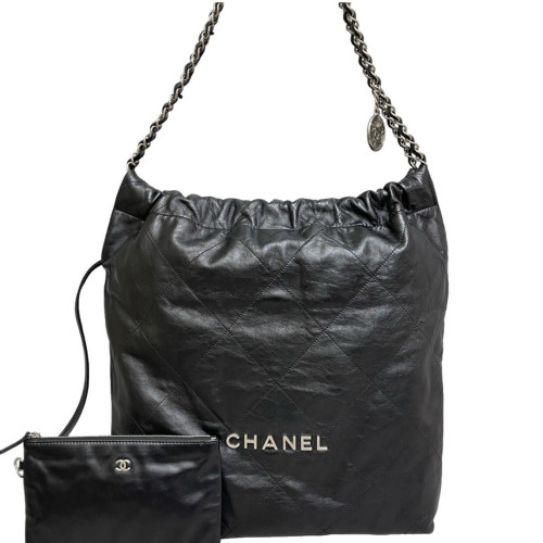 Chanel Quilted Small 22 Bag Crumpled Calfskin Black